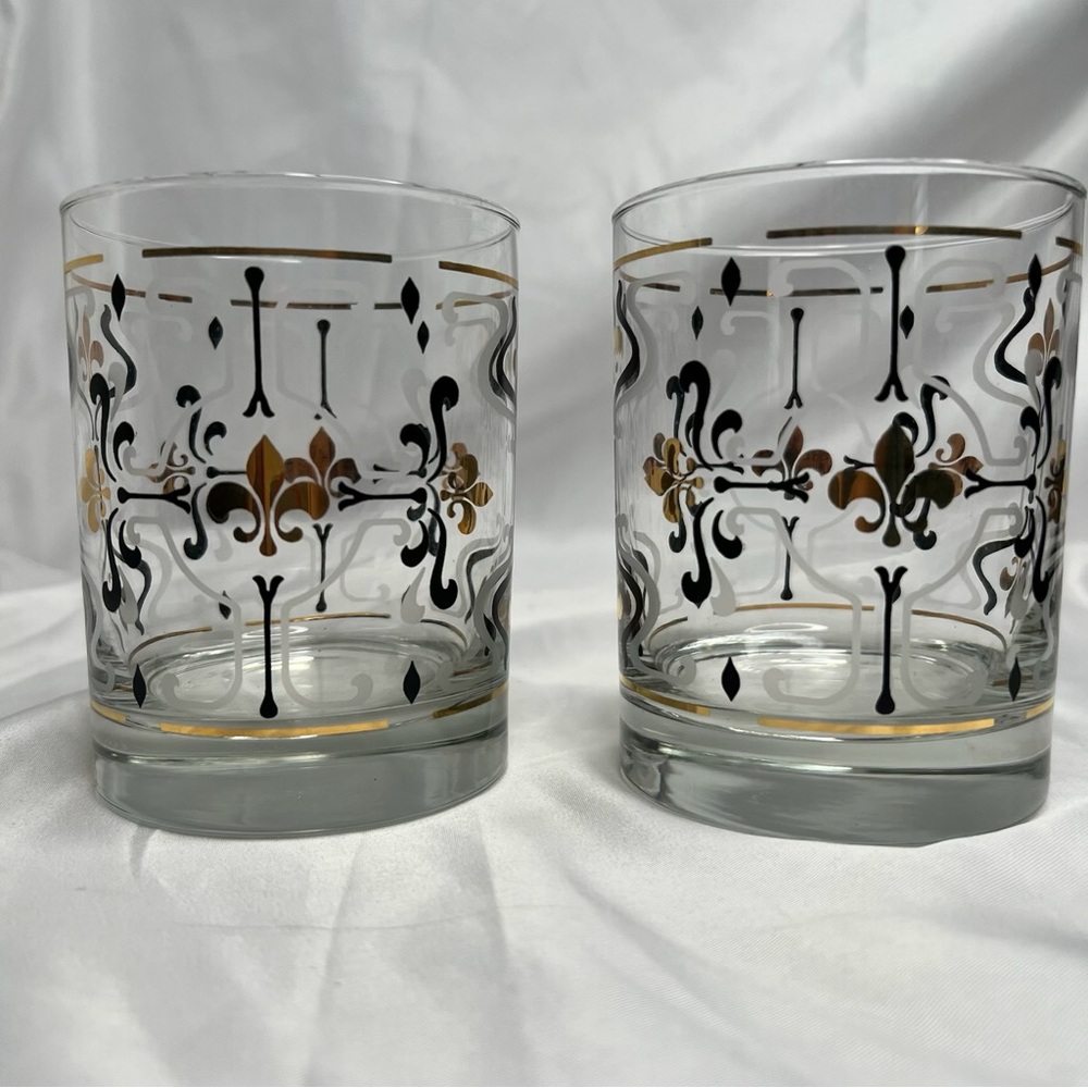 🥃 2 Lowball Rocks Old Fashioned Glasses Black Gold Fleur-de-lis vintage EUC MCM - Picture 16 of 16